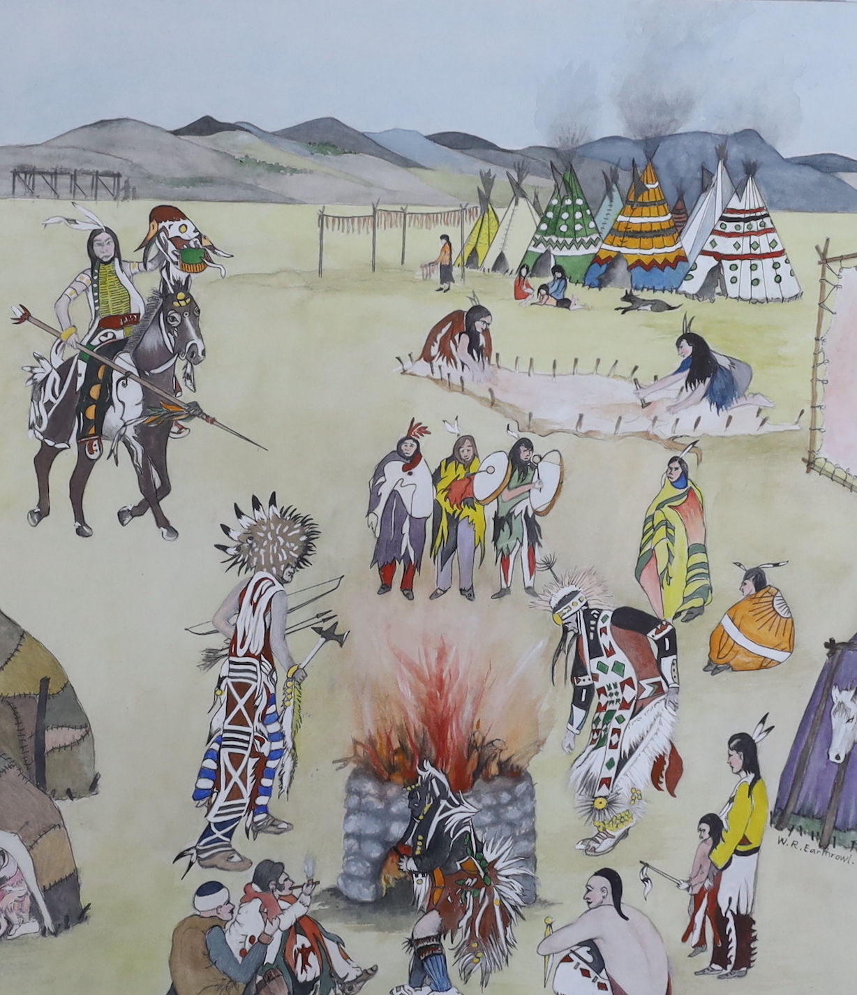 W.R. Earthrowl (Modern British), two watercolour and acrylics, Native American encampments, both signed and dated, largest 49 x 75cm